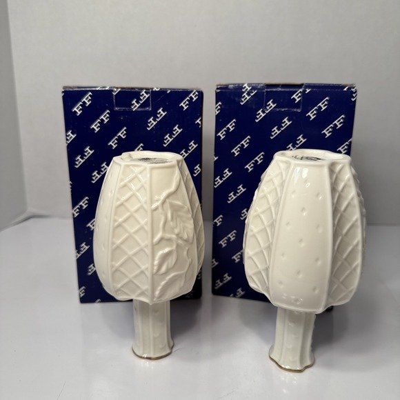 Fitz and Floyd Essentials Botanical Collection Trellis Vase Ivory Gold Rim Set 2 - Picture 3 of 6